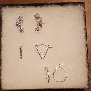 3 Pairs Silver Tone V Hoops, Round Hoops and Star Ear Climbers/ Earrings